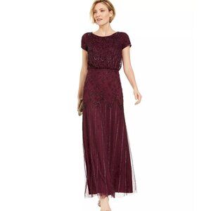 Adrianna Papell Plum Burgundy Beaded Short-Sleeve Maxi Gown Size 6 New NWT